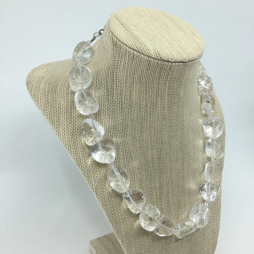 Vintage Chunky Clear Rock Crystal Quartz Beaded Necklace Silver Clasp